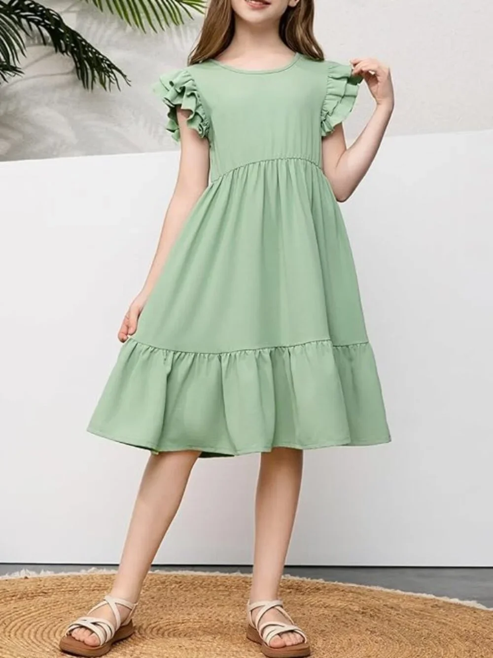 Girls Summer Dress, Ruffle Sleeve, Chiffon Dress, Size 10-11 Years